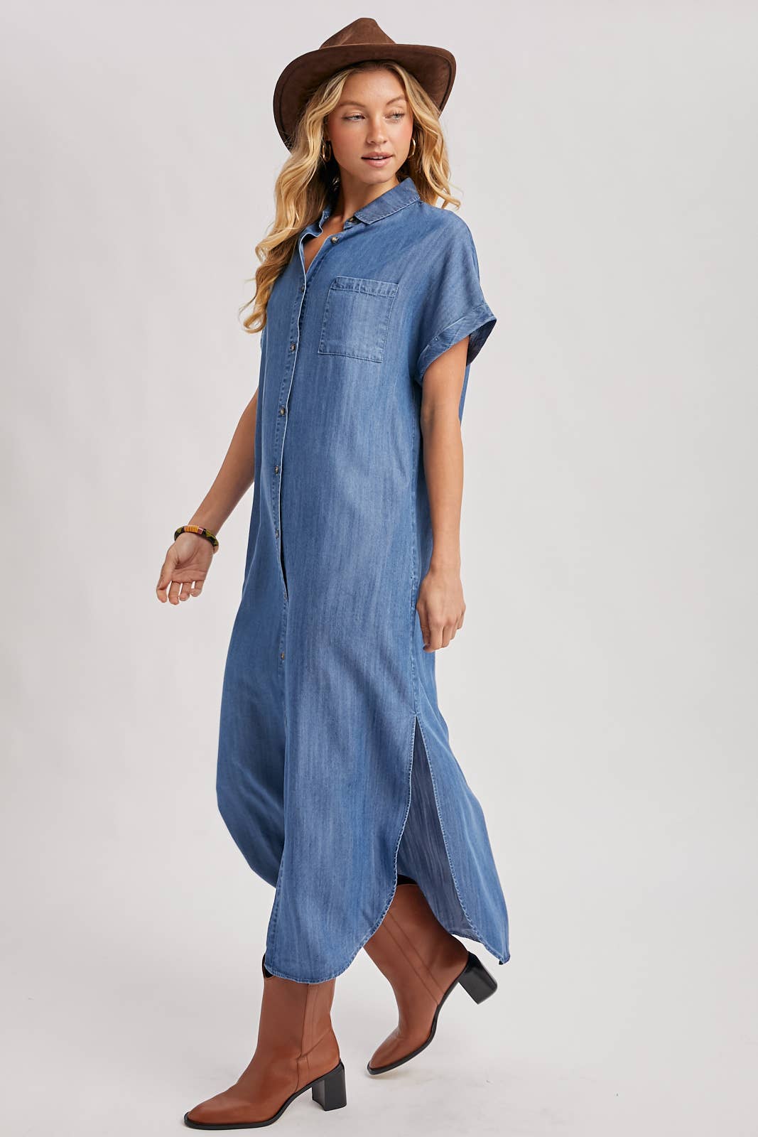 maxi dress shirt with slits DENIM BUTTON DOWN SIDE SLIT SHIRT MAXI DRESS: MED.WASH / L – RB West