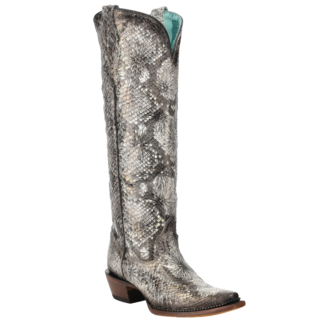 Corral Boots - Women's White Python Stamped Floral Tall Top Western Bo ...