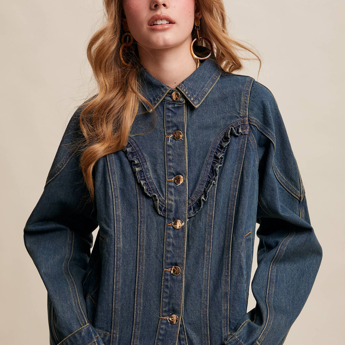 Western Ruffle Trim Denim Jacket LJ0263: Mellow Indigo / L – RB West