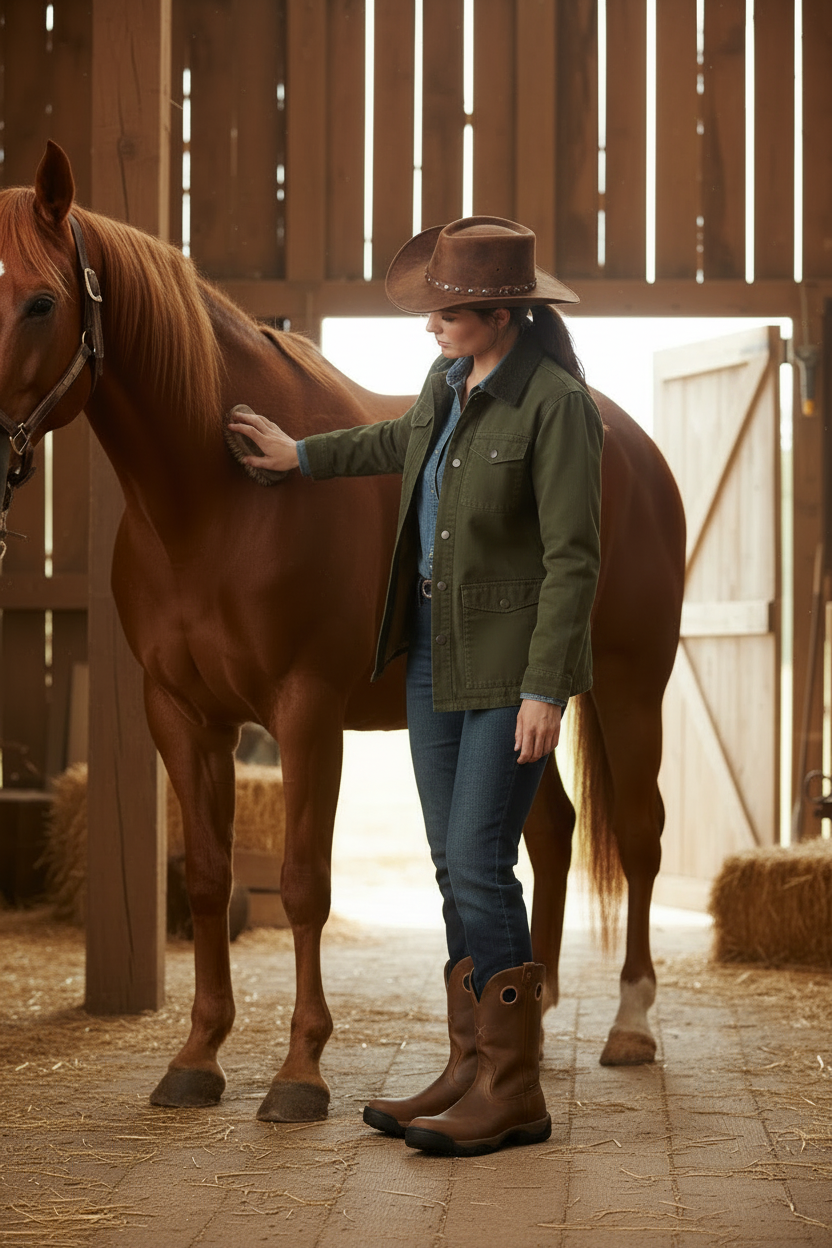 Cowgirl in Hat Brushing Horse in Barn Wearing Western Work Boots