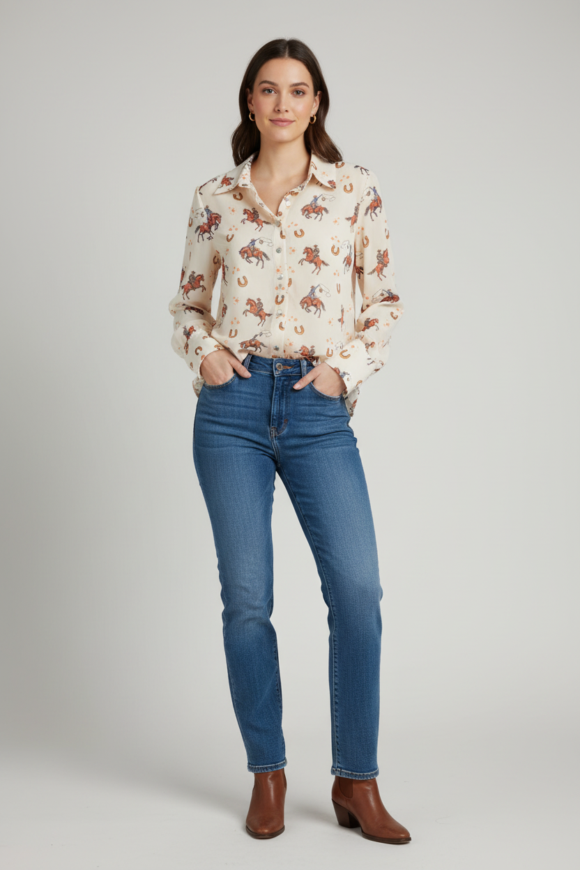 Cream Rodeo Print Shirt with Jeans